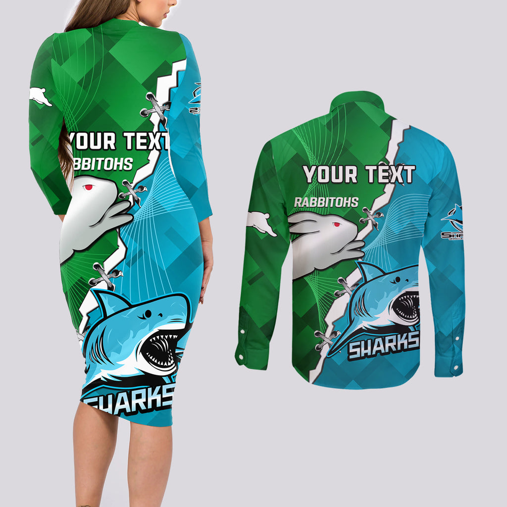 personalised-sharks-and-rabbitohs-rugby-couples-matching-long-sleeve-bodycon-dress-and-long-sleeve-button-shirts-2023-sporty-version