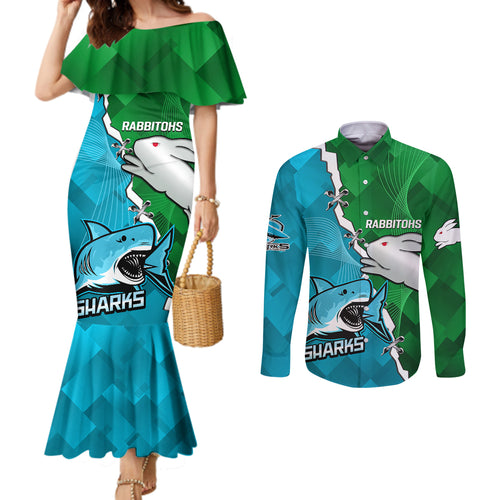 personalised-sharks-and-rabbitohs-rugby-couples-matching-mermaid-dress-and-long-sleeve-button-shirts-2023-sporty-version