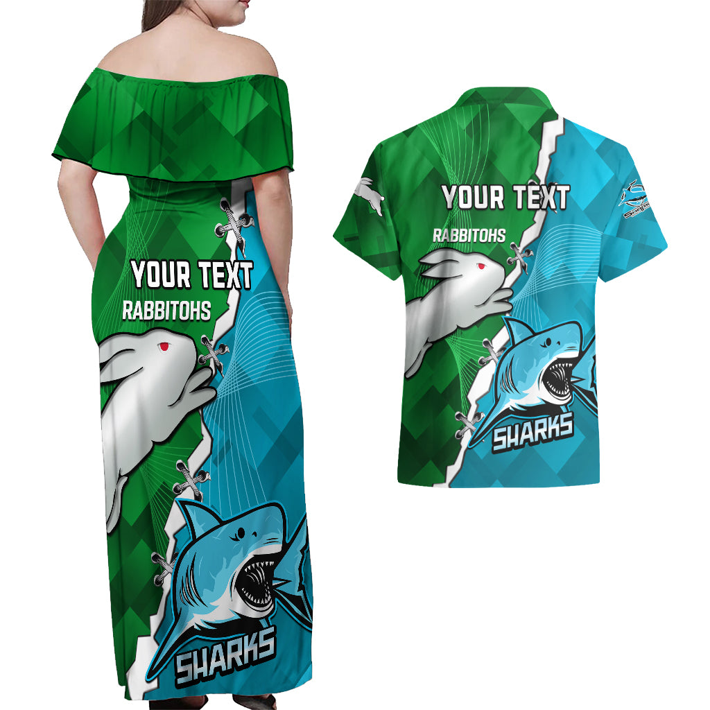 personalised-sharks-and-rabbitohs-rugby-couples-matching-off-shoulder-maxi-dress-and-hawaiian-shirt-2023-sporty-version