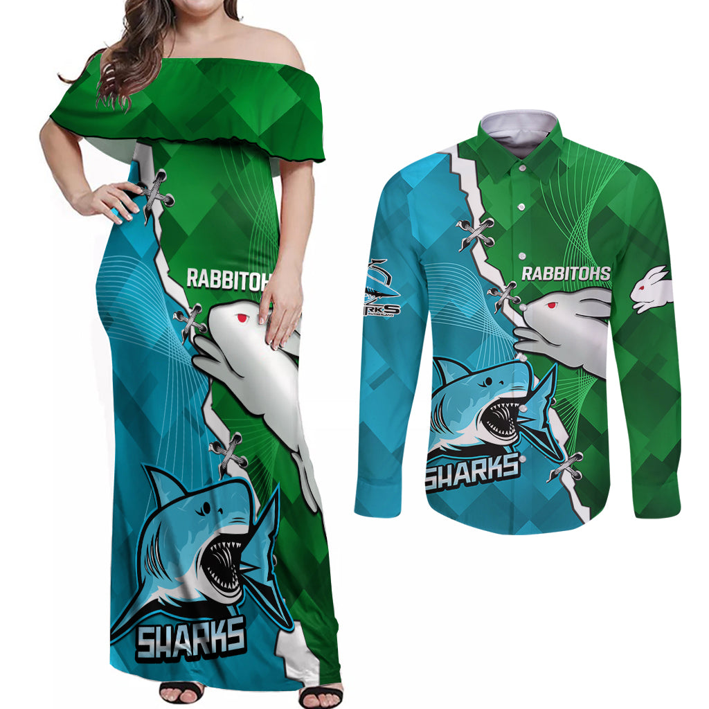 personalised-sharks-and-rabbitohs-rugby-couples-matching-off-shoulder-maxi-dress-and-long-sleeve-button-shirts-2023-sporty-version