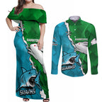 personalised-sharks-and-rabbitohs-rugby-couples-matching-off-shoulder-maxi-dress-and-long-sleeve-button-shirts-2023-sporty-version