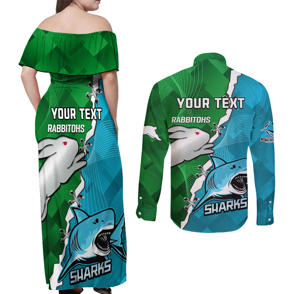 personalised-sharks-and-rabbitohs-rugby-couples-matching-off-shoulder-maxi-dress-and-long-sleeve-button-shirts-2023-sporty-version