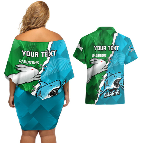 personalised-sharks-and-rabbitohs-rugby-couples-matching-off-shoulder-short-dress-and-hawaiian-shirt-2023-sporty-version