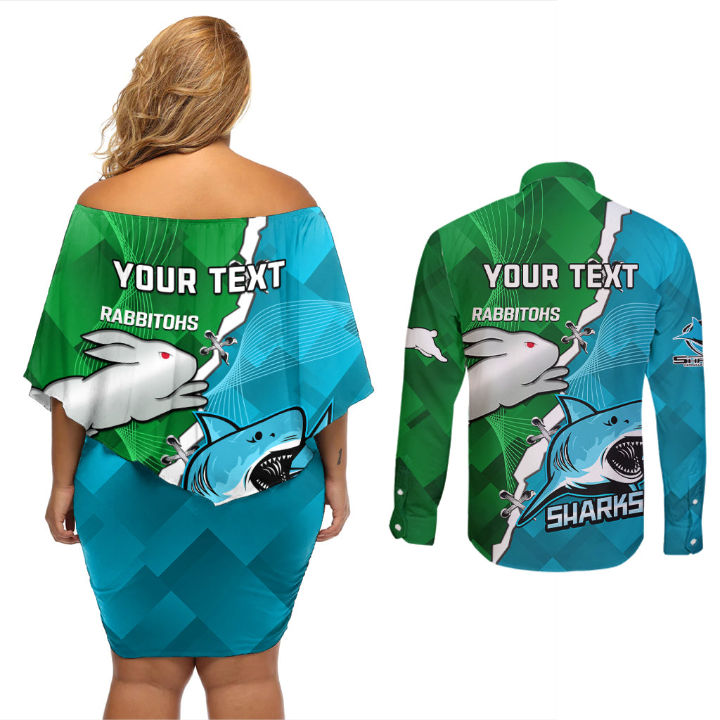personalised-sharks-and-rabbitohs-rugby-couples-matching-off-shoulder-short-dress-and-long-sleeve-button-shirts-2023-sporty-version