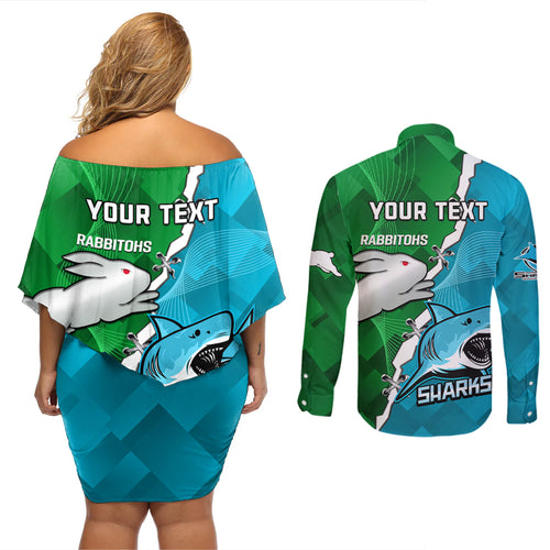 personalised-sharks-and-rabbitohs-rugby-couples-matching-off-shoulder-short-dress-and-long-sleeve-button-shirts-2023-sporty-version
