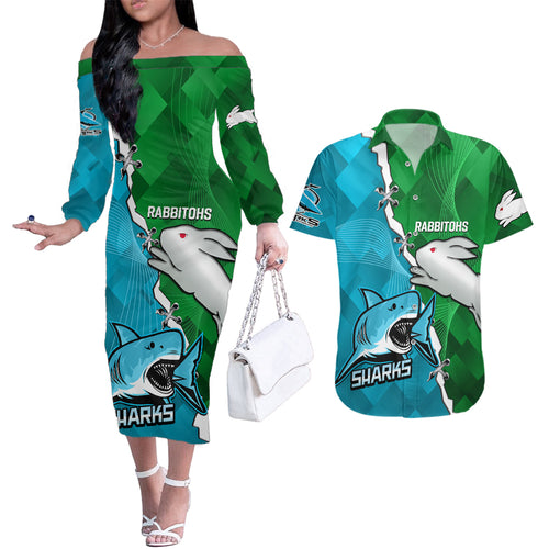 personalised-sharks-and-rabbitohs-rugby-couples-matching-off-the-shoulder-long-sleeve-dress-and-hawaiian-shirt-2023-sporty-version
