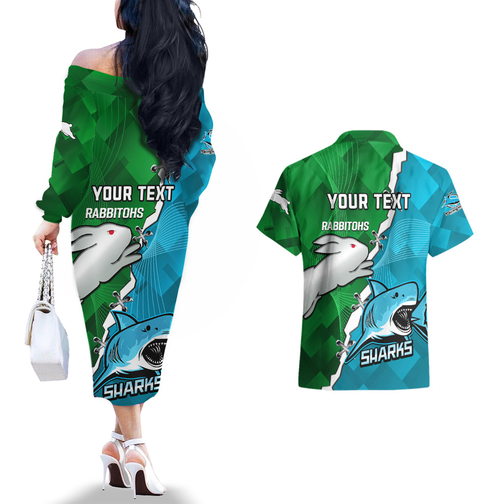 personalised-sharks-and-rabbitohs-rugby-couples-matching-off-the-shoulder-long-sleeve-dress-and-hawaiian-shirt-2023-sporty-version