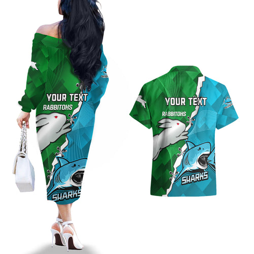 personalised-sharks-and-rabbitohs-rugby-couples-matching-off-the-shoulder-long-sleeve-dress-and-hawaiian-shirt-2023-sporty-version