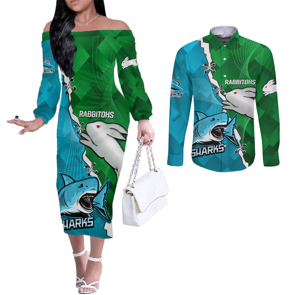 personalised-sharks-and-rabbitohs-rugby-couples-matching-off-the-shoulder-long-sleeve-dress-and-long-sleeve-button-shirts-2023-sporty-version