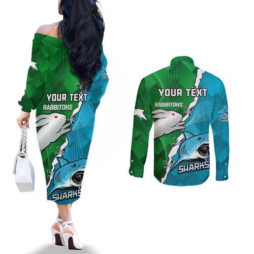 personalised-sharks-and-rabbitohs-rugby-couples-matching-off-the-shoulder-long-sleeve-dress-and-long-sleeve-button-shirts-2023-sporty-version