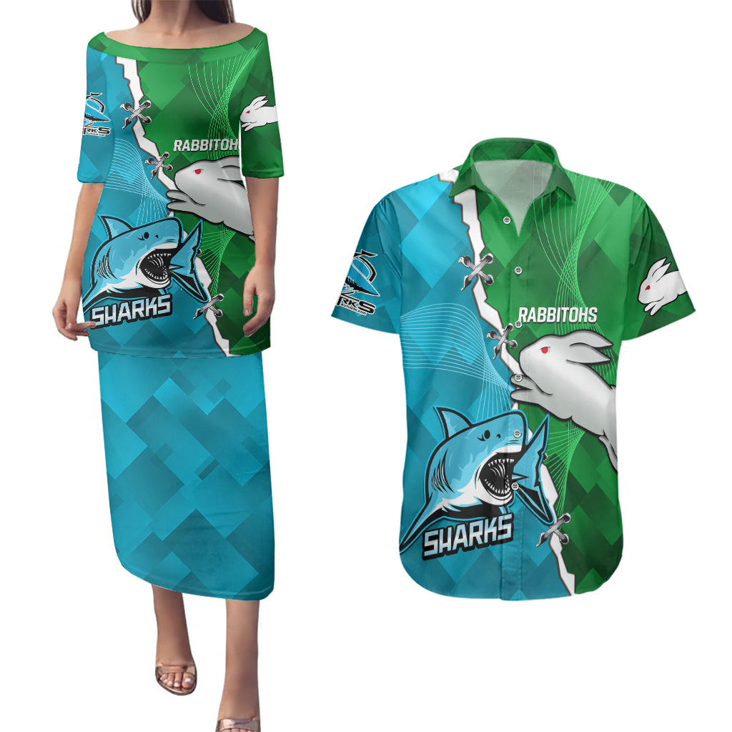 personalised-sharks-and-rabbitohs-rugby-couples-matching-puletasi-dress-and-hawaiian-shirt-2023-sporty-version