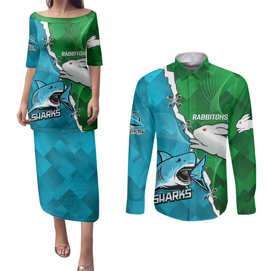personalised-sharks-and-rabbitohs-rugby-couples-matching-puletasi-dress-and-long-sleeve-button-shirts-2023-sporty-version