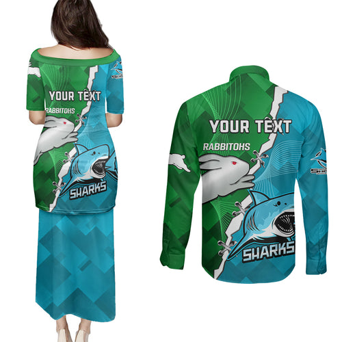 personalised-sharks-and-rabbitohs-rugby-couples-matching-puletasi-dress-and-long-sleeve-button-shirts-2023-sporty-version