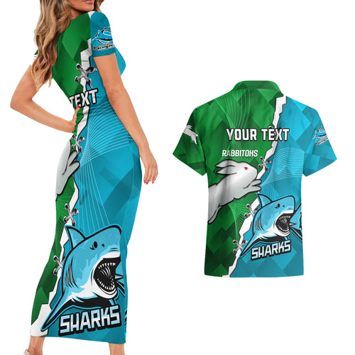 personalised-sharks-and-rabbitohs-rugby-couples-matching-short-sleeve-bodycon-dress-and-hawaiian-shirt-2023-sporty-version