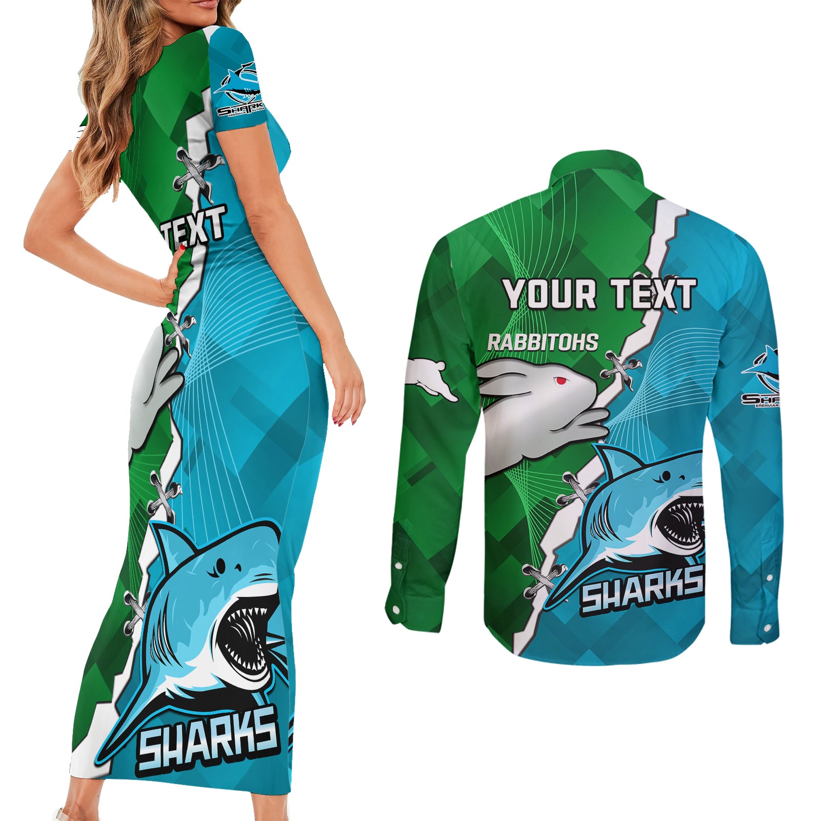 personalised-sharks-and-rabbitohs-rugby-couples-matching-short-sleeve-bodycon-dress-and-long-sleeve-button-shirts-2023-sporty-version