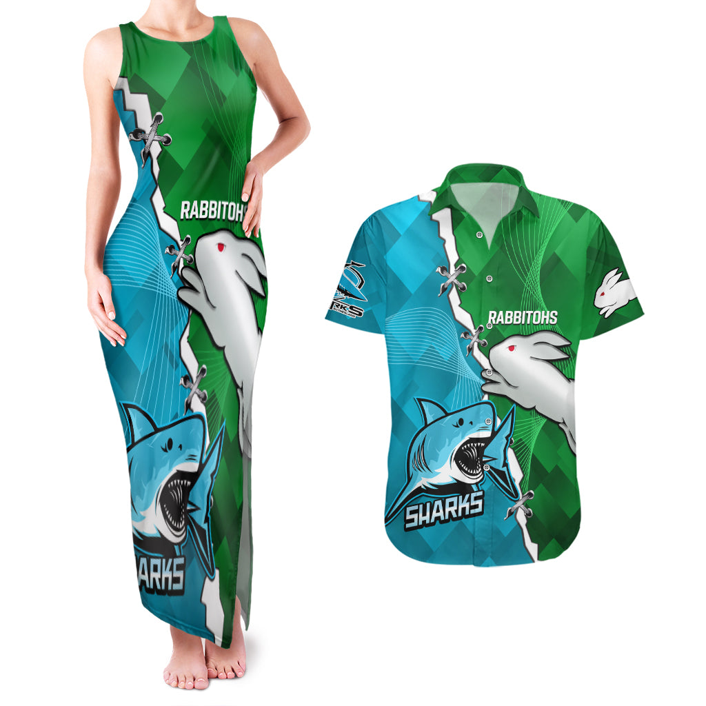 personalised-sharks-and-rabbitohs-rugby-couples-matching-tank-maxi-dress-and-hawaiian-shirt-2023-sporty-version