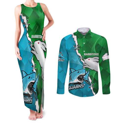 personalised-sharks-and-rabbitohs-rugby-couples-matching-tank-maxi-dress-and-long-sleeve-button-shirts-2023-sporty-version