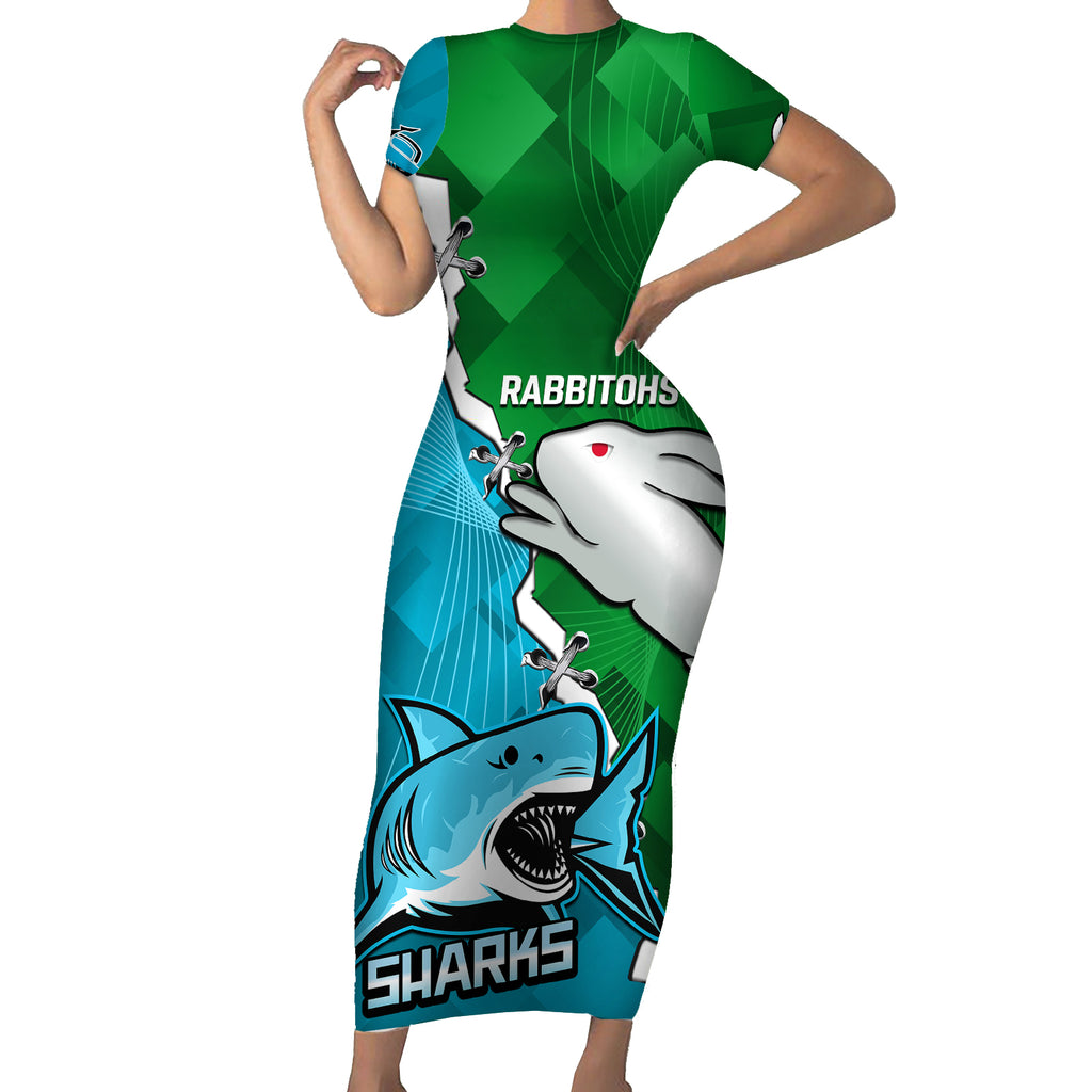 personalised-sharks-and-rabbitohs-rugby-short-sleeve-bodycon-dress-2023-sporty-version
