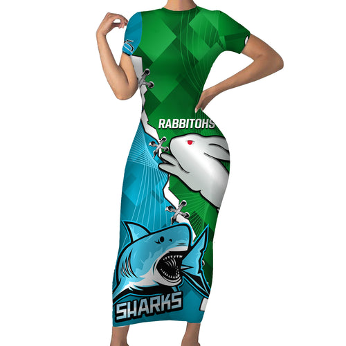 personalised-sharks-and-rabbitohs-rugby-short-sleeve-bodycon-dress-2023-sporty-version