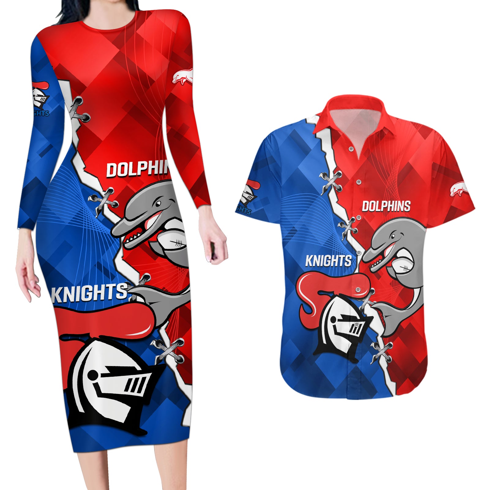 personalised-dolphins-and-knights-rugby-couples-matching-long-sleeve-bodycon-dress-and-hawaiian-shirt-2023-sporty-version