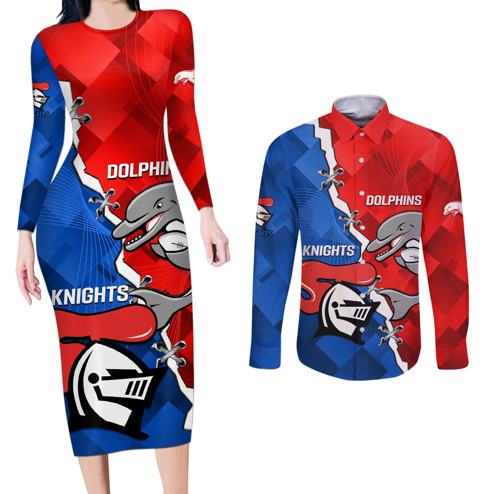 personalised-dolphins-and-knights-rugby-couples-matching-long-sleeve-bodycon-dress-and-long-sleeve-button-shirts-2023-sporty-version
