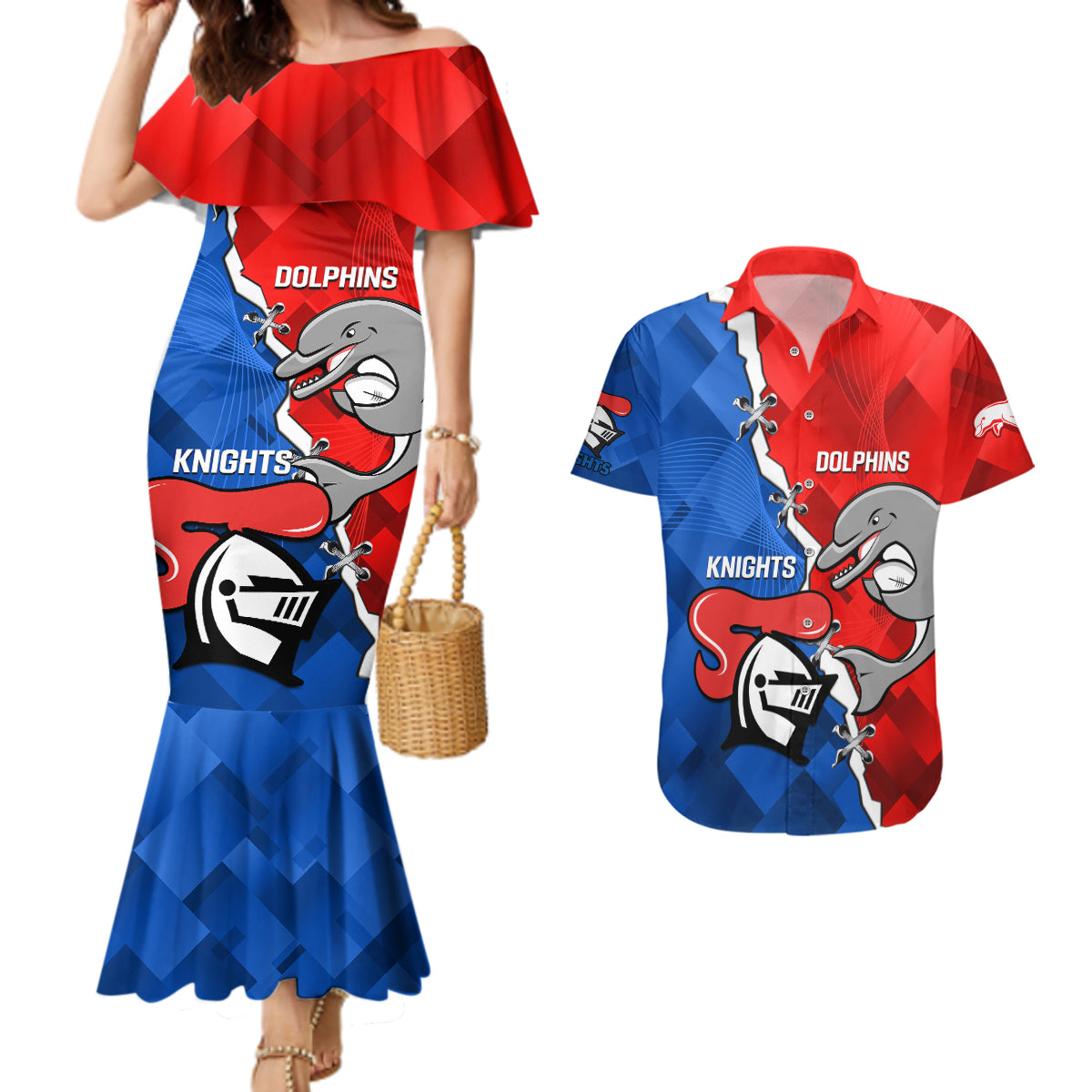 personalised-dolphins-and-knights-rugby-couples-matching-mermaid-dress-and-hawaiian-shirt-2023-sporty-version