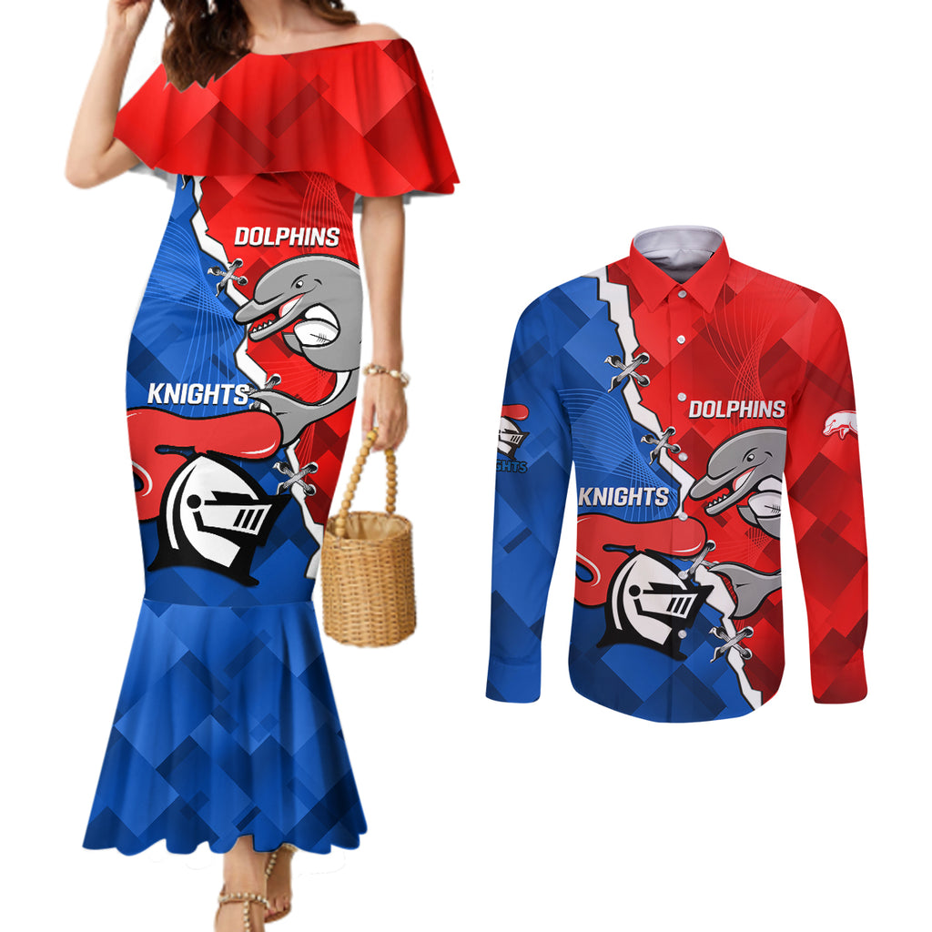 personalised-dolphins-and-knights-rugby-couples-matching-mermaid-dress-and-long-sleeve-button-shirts-2023-sporty-version