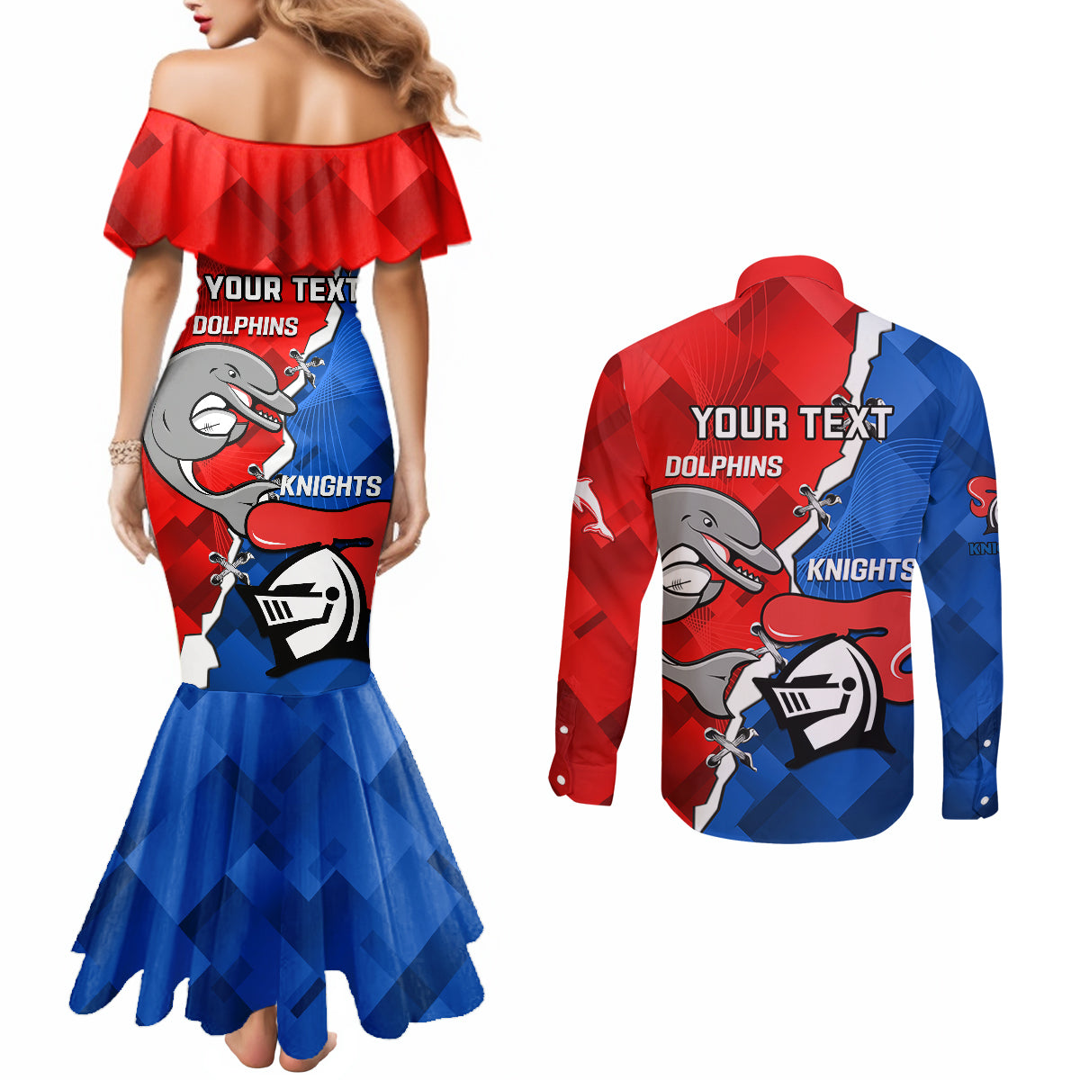 personalised-dolphins-and-knights-rugby-couples-matching-mermaid-dress-and-long-sleeve-button-shirts-2023-sporty-version