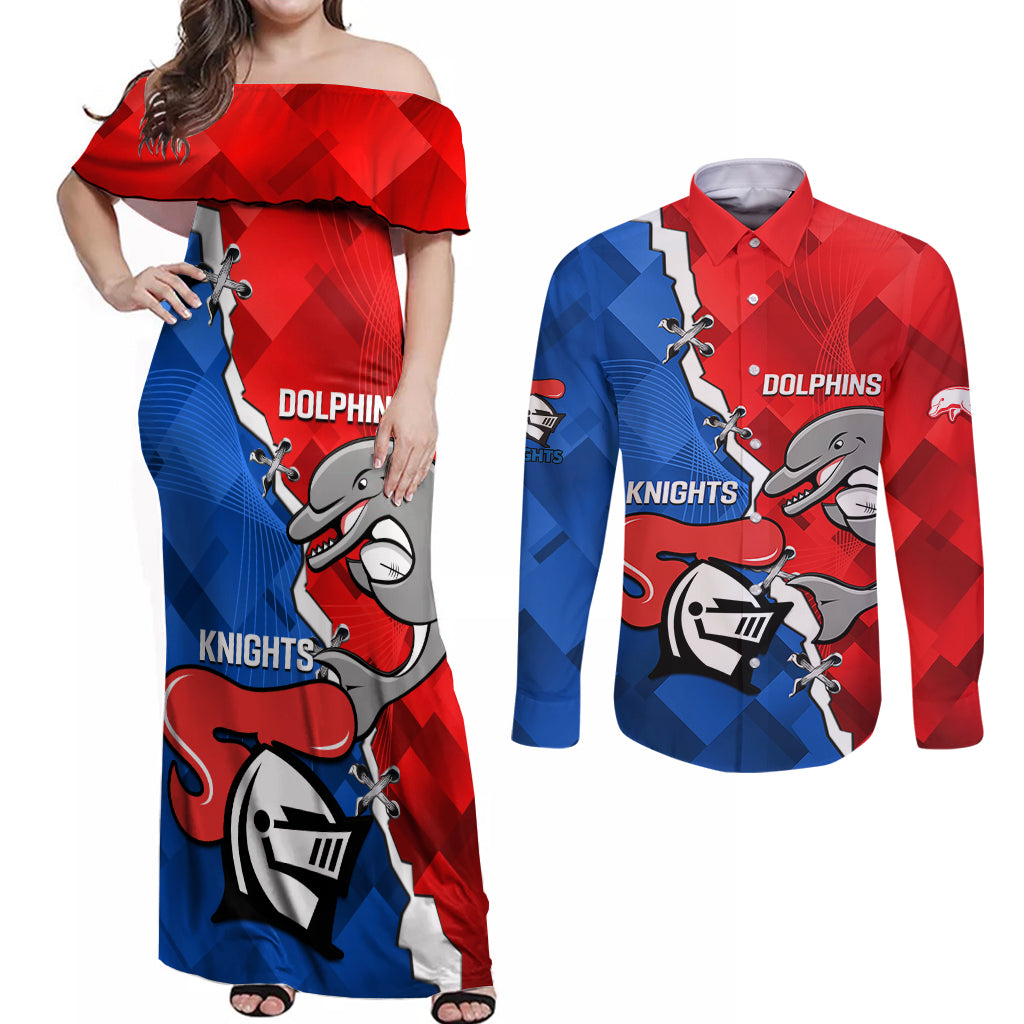personalised-dolphins-and-knights-rugby-couples-matching-off-shoulder-maxi-dress-and-long-sleeve-button-shirts-2023-sporty-version