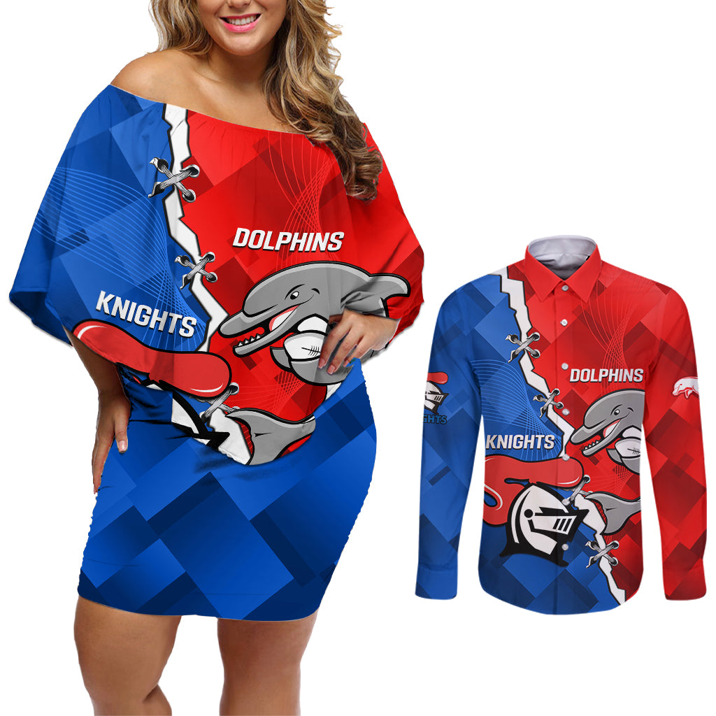 personalised-dolphins-and-knights-rugby-couples-matching-off-shoulder-short-dress-and-long-sleeve-button-shirts-2023-sporty-version