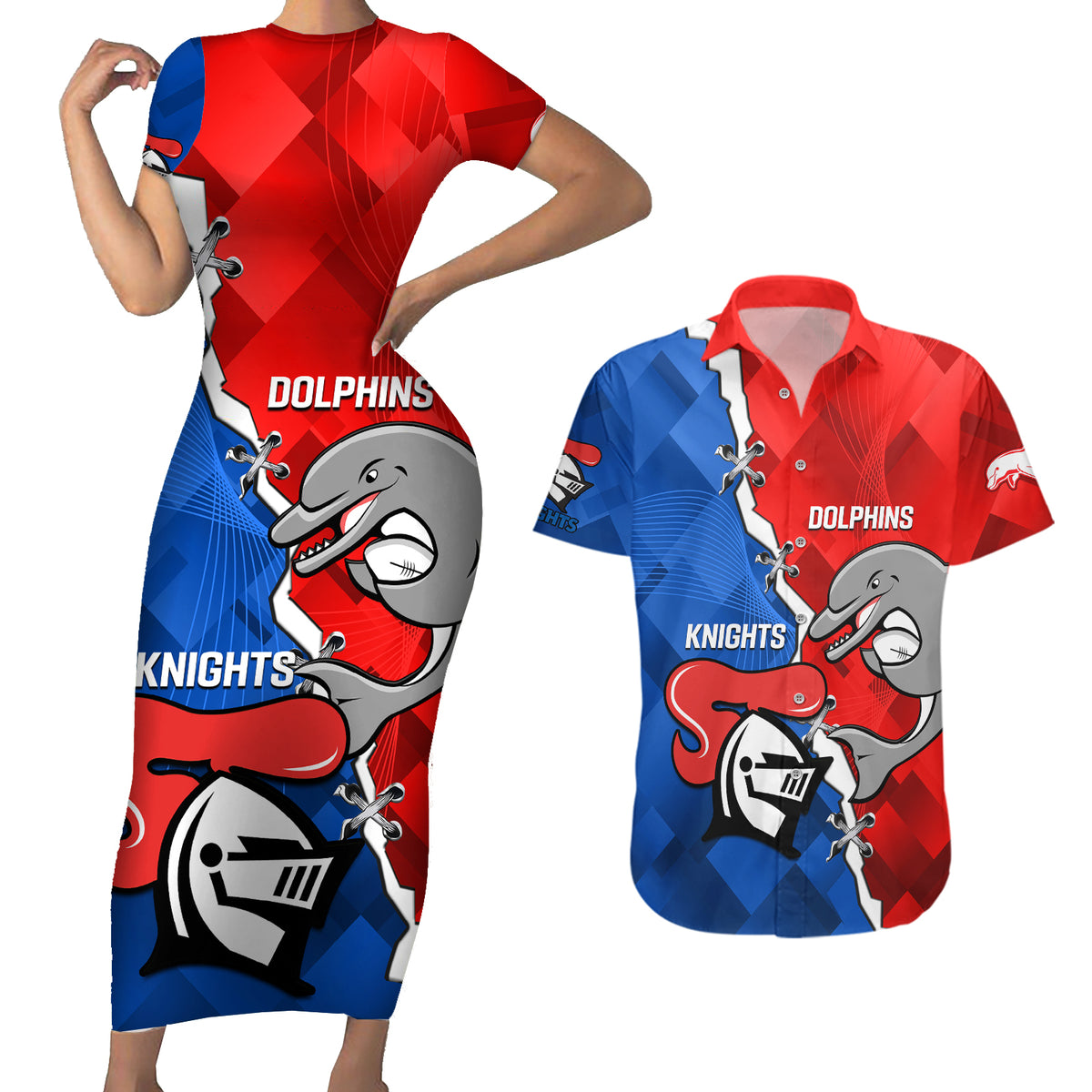 personalised-dolphins-and-knights-rugby-couples-matching-short-sleeve-bodycon-dress-and-hawaiian-shirt-2023-sporty-version