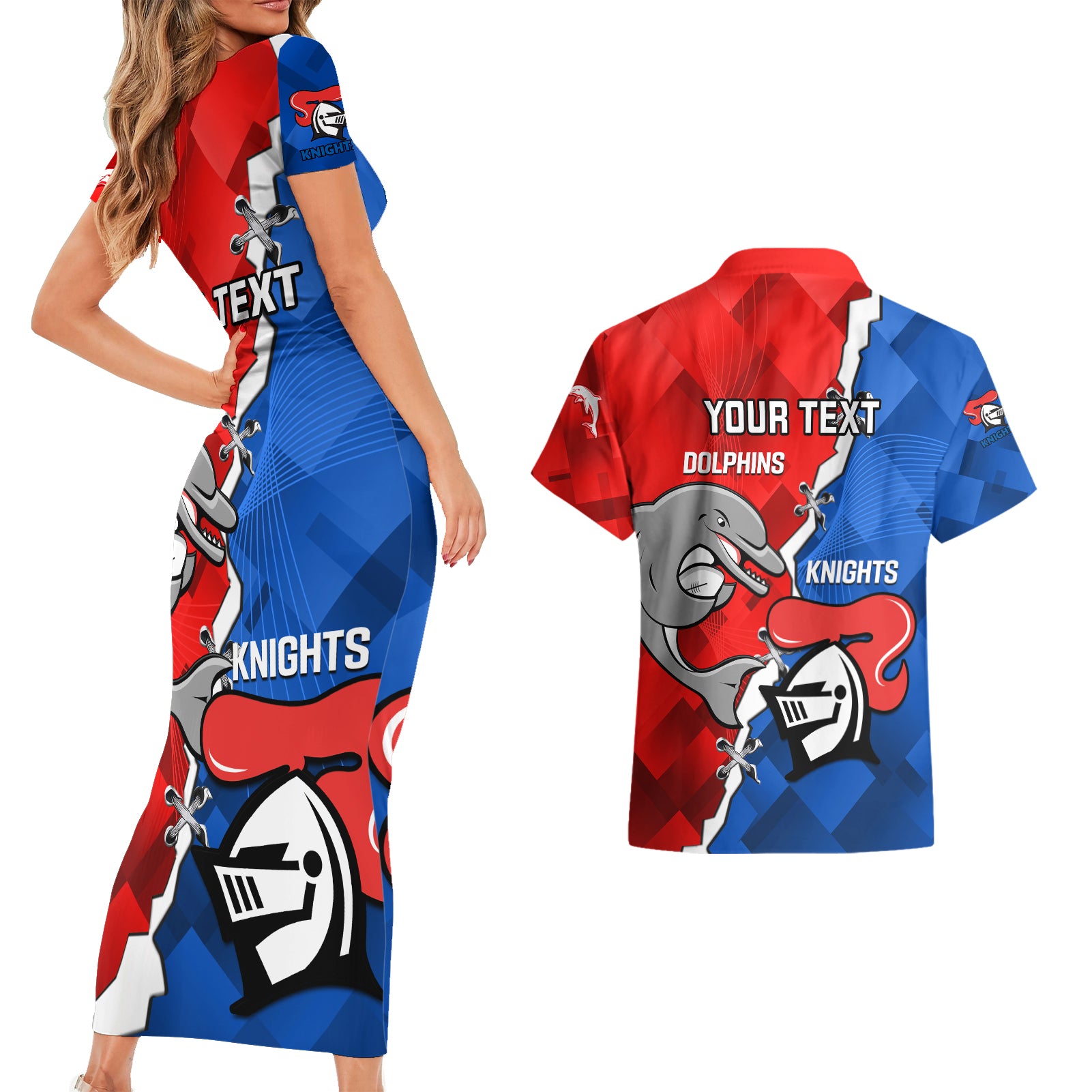 personalised-dolphins-and-knights-rugby-couples-matching-short-sleeve-bodycon-dress-and-hawaiian-shirt-2023-sporty-version