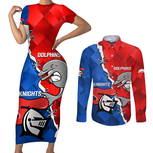 personalised-dolphins-and-knights-rugby-couples-matching-short-sleeve-bodycon-dress-and-long-sleeve-button-shirts-2023-sporty-version