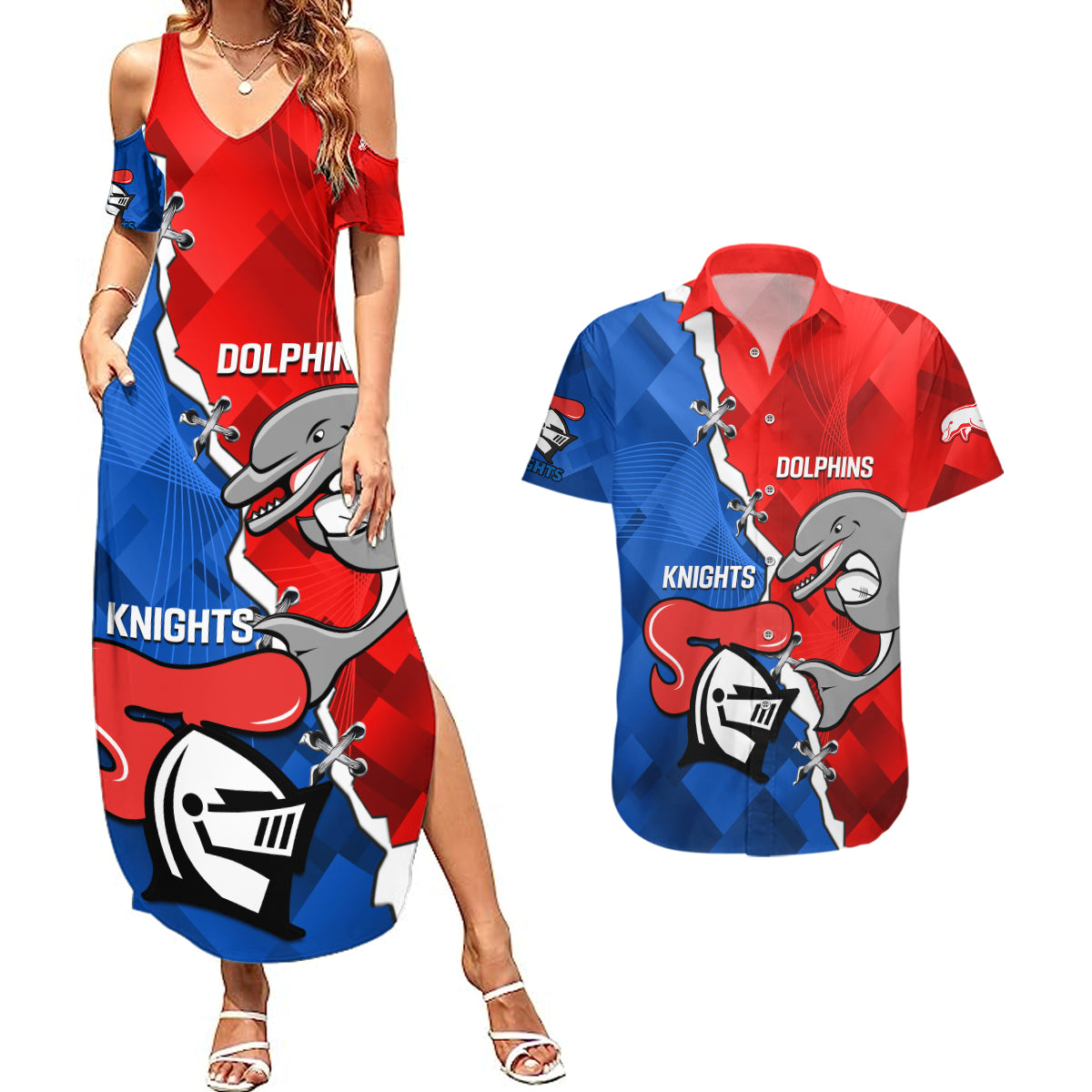personalised-dolphins-and-knights-rugby-couples-matching-summer-maxi-dress-and-hawaiian-shirt-2023-sporty-version