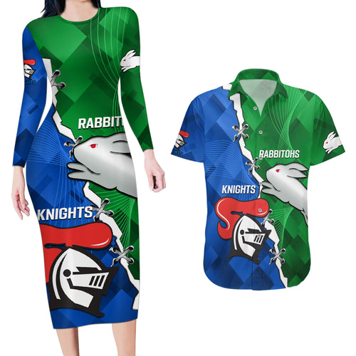 personalised-knights-and-rabbitohs-rugby-couples-matching-long-sleeve-bodycon-dress-and-hawaiian-shirt-2023-sporty-version