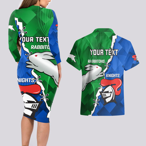 personalised-knights-and-rabbitohs-rugby-couples-matching-long-sleeve-bodycon-dress-and-hawaiian-shirt-2023-sporty-version