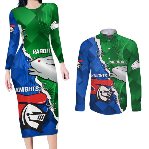 personalised-knights-and-rabbitohs-rugby-couples-matching-long-sleeve-bodycon-dress-and-long-sleeve-button-shirts-2023-sporty-version