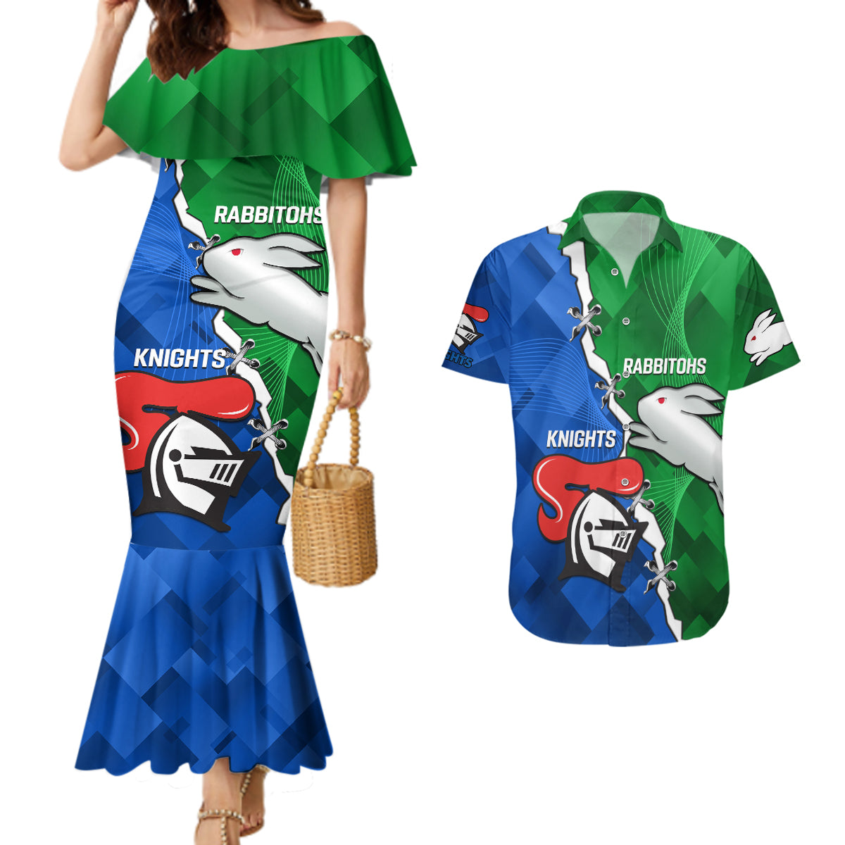 personalised-knights-and-rabbitohs-rugby-couples-matching-mermaid-dress-and-hawaiian-shirt-2023-sporty-version