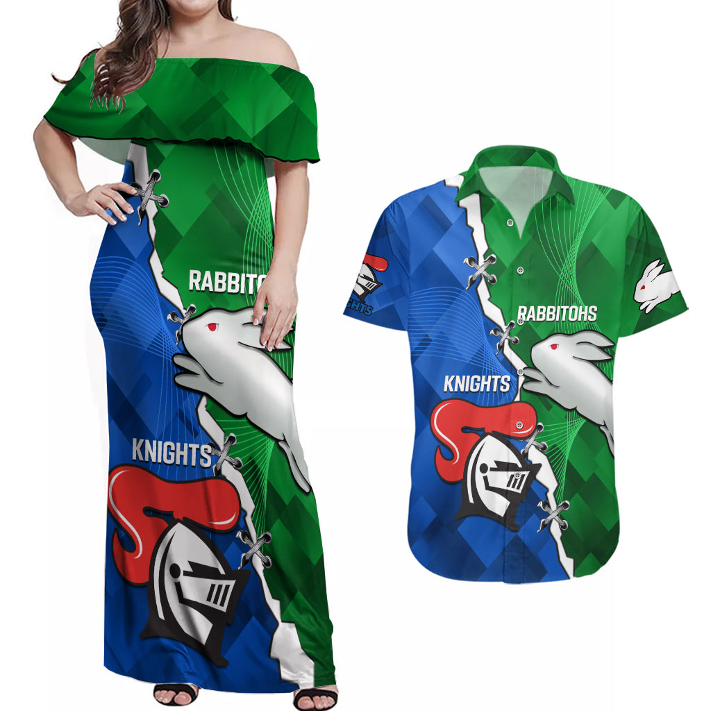 personalised-knights-and-rabbitohs-rugby-couples-matching-off-shoulder-maxi-dress-and-hawaiian-shirt-2023-sporty-version