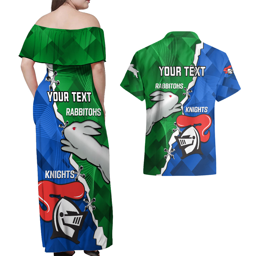 personalised-knights-and-rabbitohs-rugby-couples-matching-off-shoulder-maxi-dress-and-hawaiian-shirt-2023-sporty-version