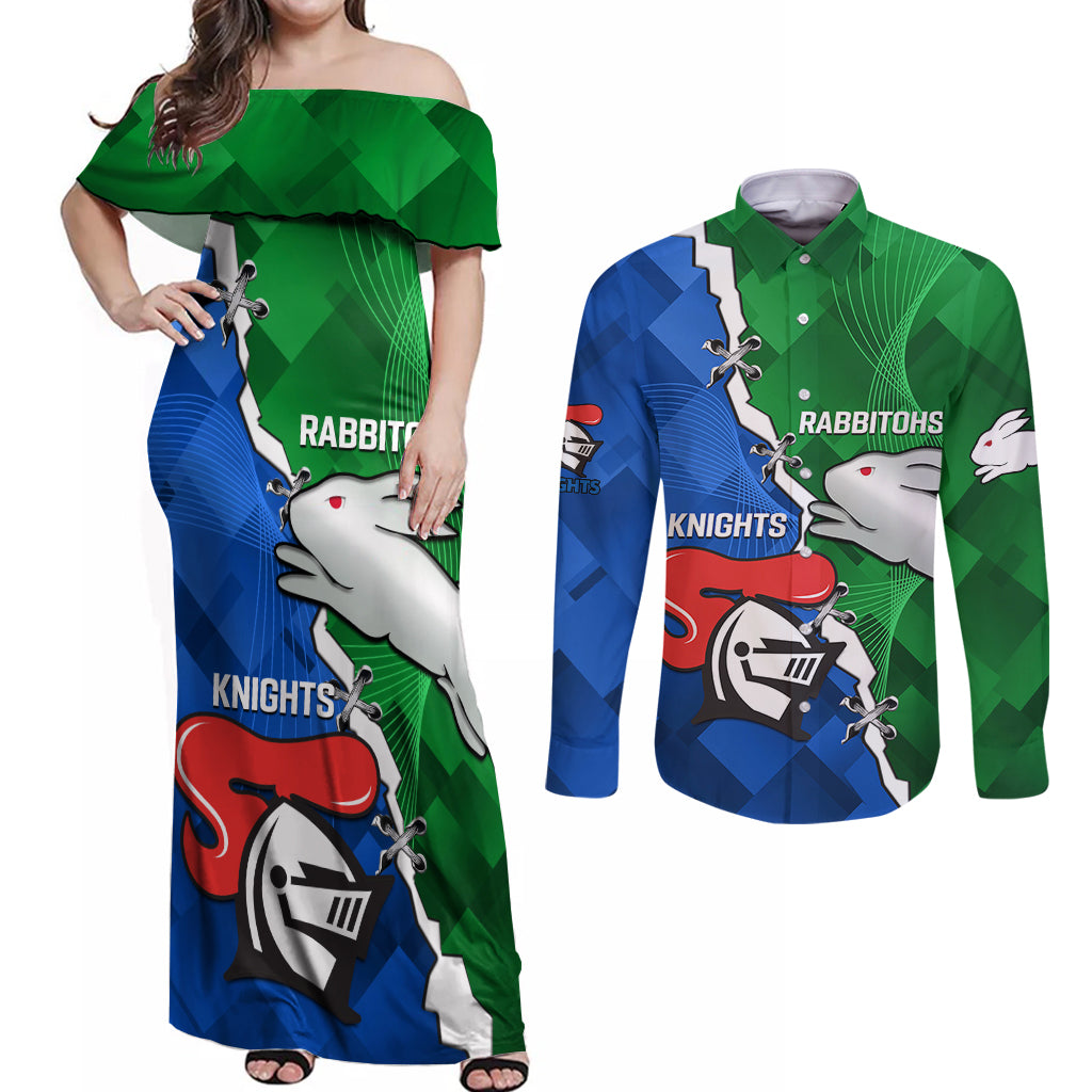 personalised-knights-and-rabbitohs-rugby-couples-matching-off-shoulder-maxi-dress-and-long-sleeve-button-shirts-2023-sporty-version