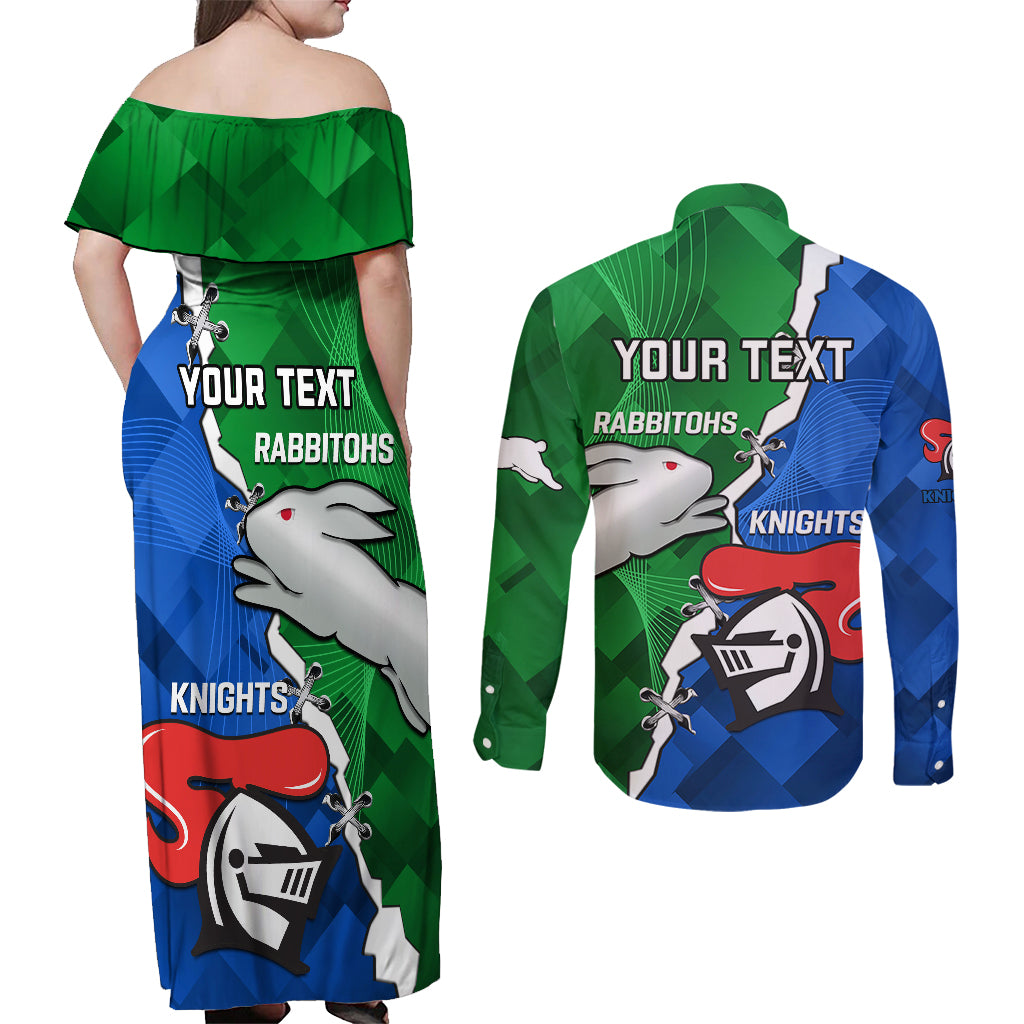 personalised-knights-and-rabbitohs-rugby-couples-matching-off-shoulder-maxi-dress-and-long-sleeve-button-shirts-2023-sporty-version