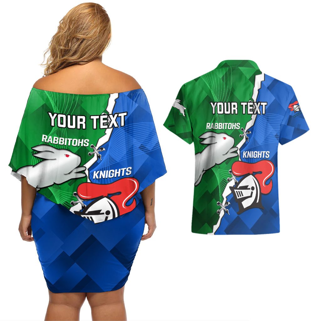 personalised-knights-and-rabbitohs-rugby-couples-matching-off-shoulder-short-dress-and-hawaiian-shirt-2023-sporty-version