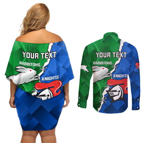 personalised-knights-and-rabbitohs-rugby-couples-matching-off-shoulder-short-dress-and-long-sleeve-button-shirts-2023-sporty-version