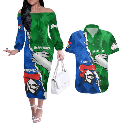 personalised-knights-and-rabbitohs-rugby-couples-matching-off-the-shoulder-long-sleeve-dress-and-hawaiian-shirt-2023-sporty-version
