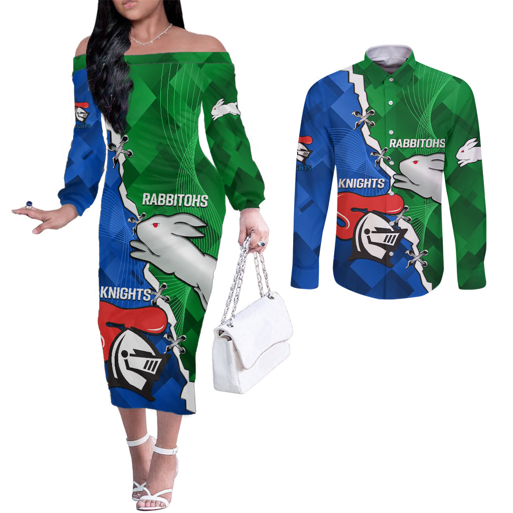 personalised-knights-and-rabbitohs-rugby-couples-matching-off-the-shoulder-long-sleeve-dress-and-long-sleeve-button-shirts-2023-sporty-version
