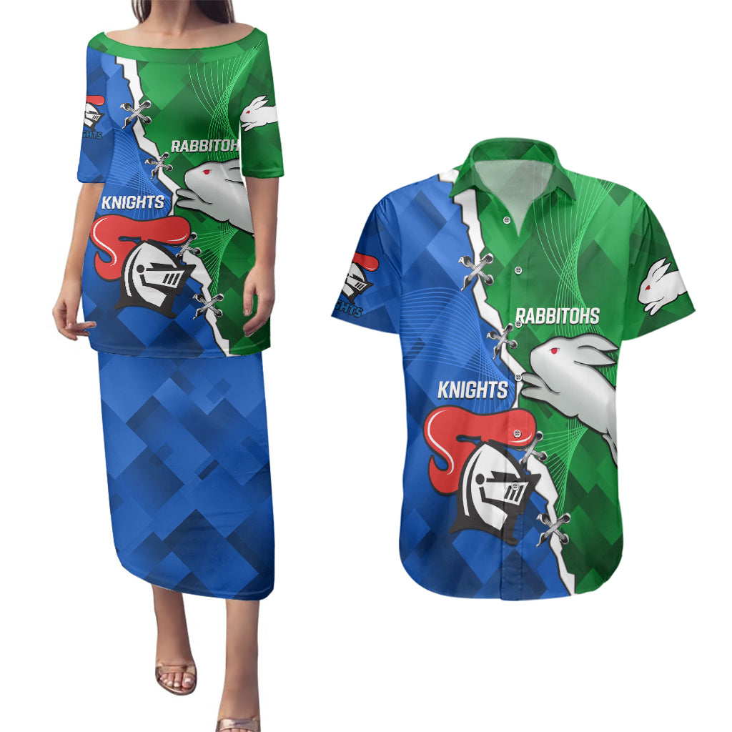 personalised-knights-and-rabbitohs-rugby-couples-matching-puletasi-dress-and-hawaiian-shirt-2023-sporty-version