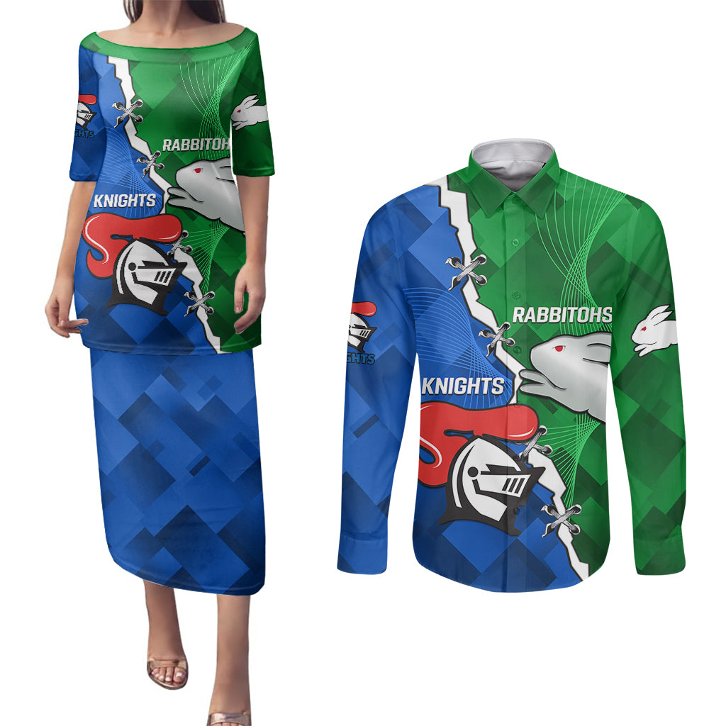personalised-knights-and-rabbitohs-rugby-couples-matching-puletasi-dress-and-long-sleeve-button-shirts-2023-sporty-version