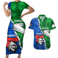 personalised-knights-and-rabbitohs-rugby-couples-matching-short-sleeve-bodycon-dress-and-hawaiian-shirt-2023-sporty-version