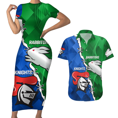 personalised-knights-and-rabbitohs-rugby-couples-matching-short-sleeve-bodycon-dress-and-hawaiian-shirt-2023-sporty-version